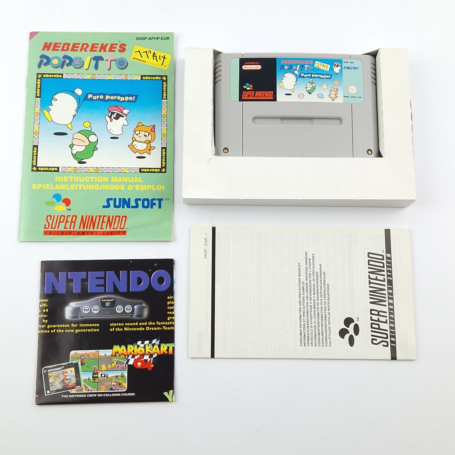 Super Nintendo game: Hebereke's Popoitto - original packaging instructions module / SNES PAL