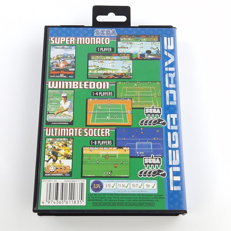 Sega Mega Drive Spiel : Sega Sports 1 - Super Monaco, Wimbledon, Soccer OVP PAL